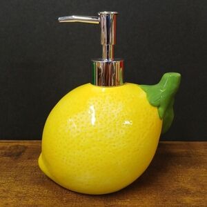 LEMON SHAPED CERAMIC SOAP, LOTION DISPENSER, CHROME SILVER COLORED PUMP